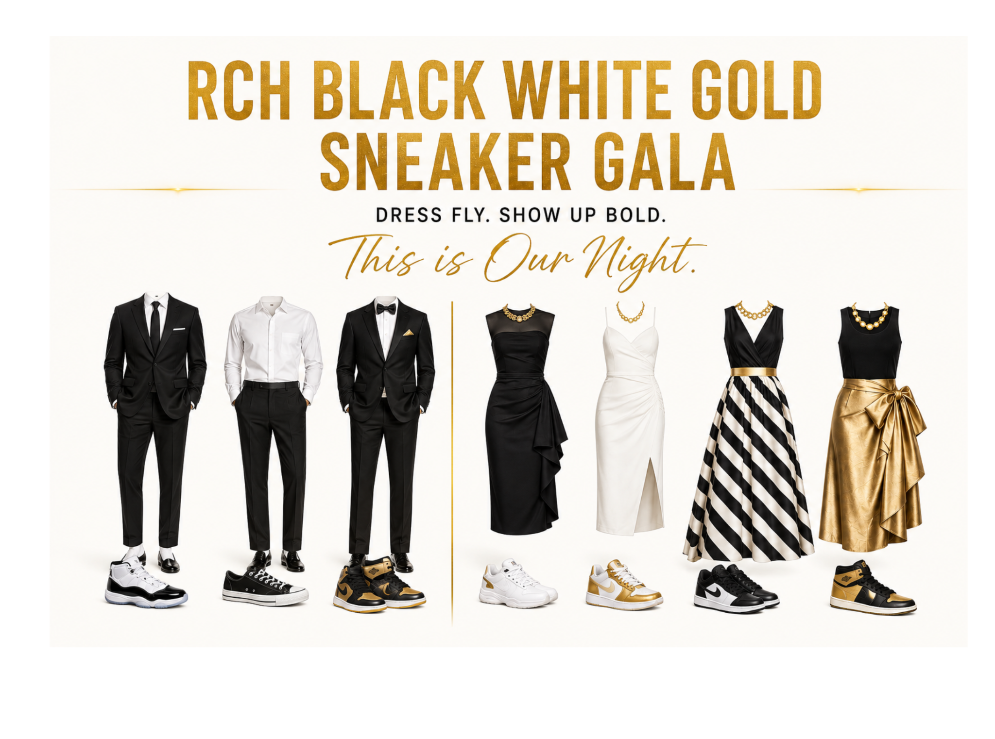 RCH black, white and gold Sneaker Gala attire inspiration for men and women